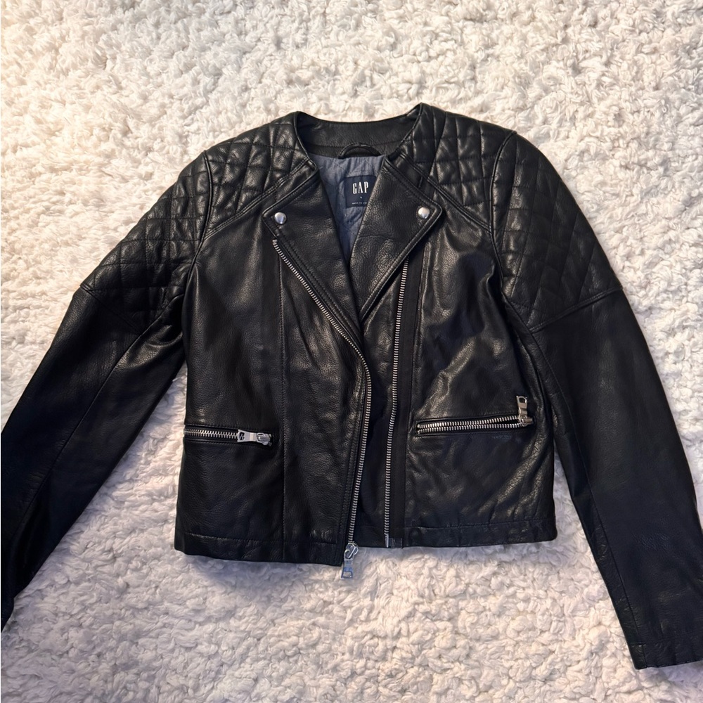 GAP genuine, leather Quilted biker bomber Jacket - Picture 3 of 15